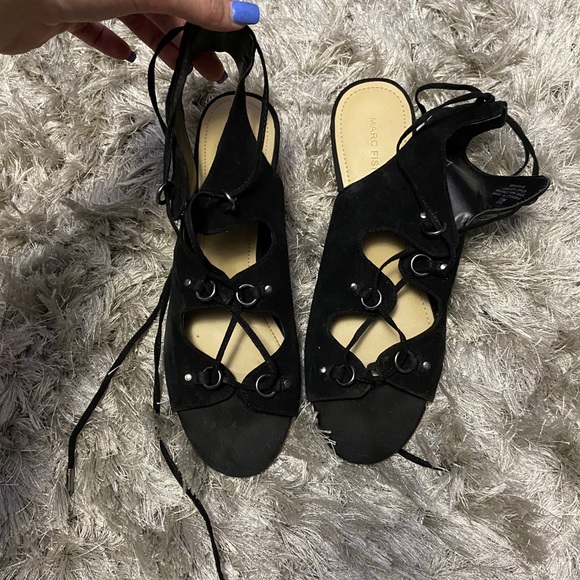 MARC FISHER black leather ankle tie sandals - Picture 3 of 5